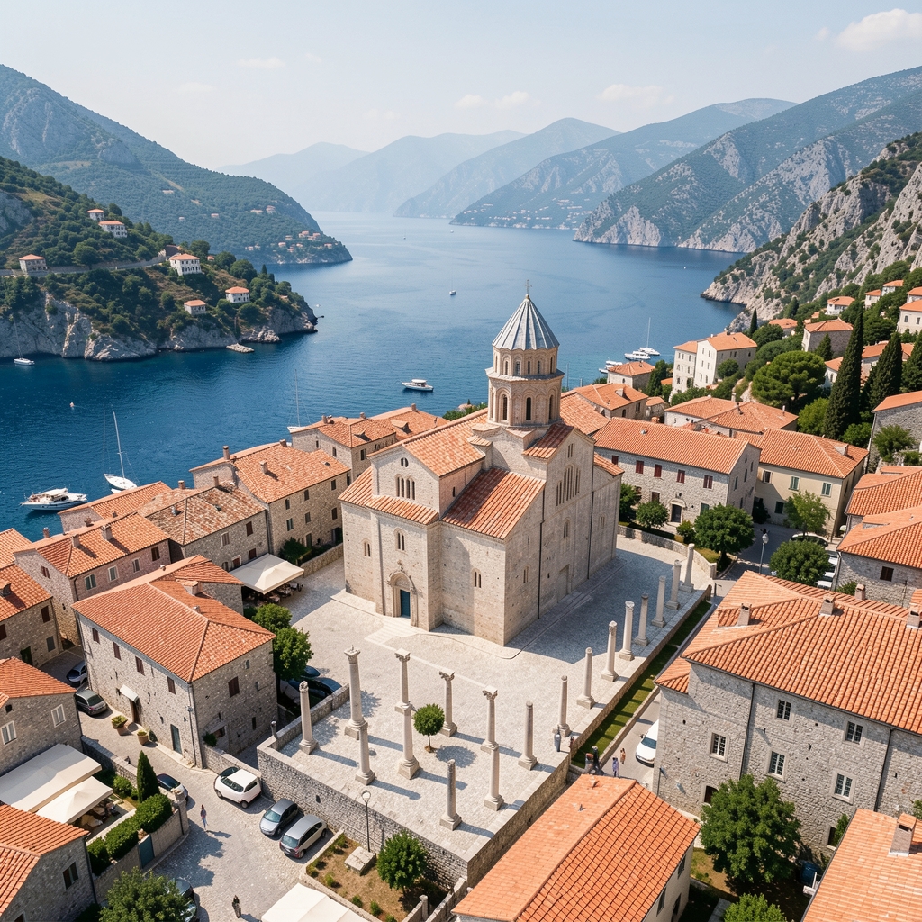Stari grad Kotor sa katedralom Sv. Tripuna i stelama, panoramski pogled iz zraka, UNESCO lokacija, Boka kotorska u pozadini