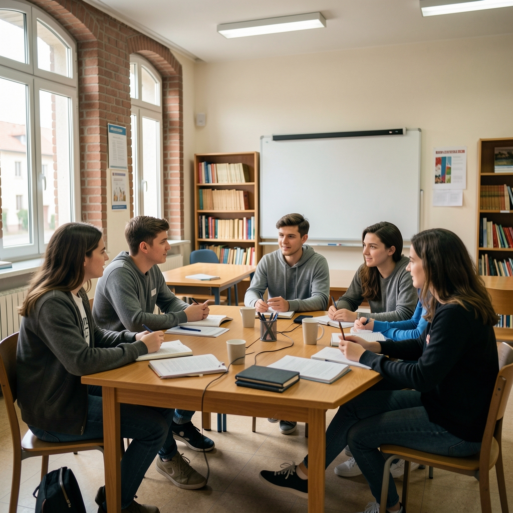 Mladi studenti u predavaonici montenegrinskog univerziteta, obrazovanje, diskusija