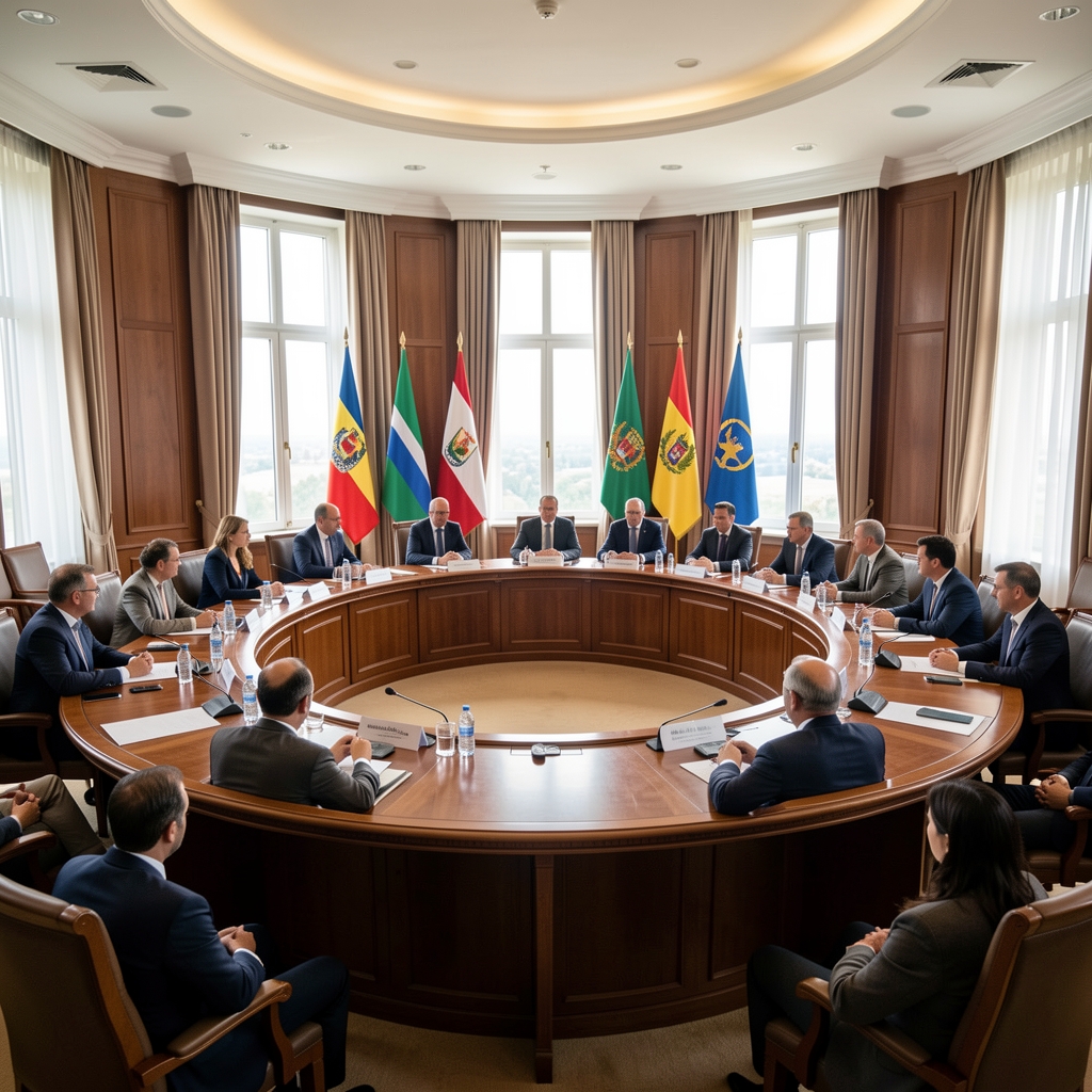Okrugli sto sa delegatima regionalne konferencije, zastave zemalja Balkana, konferencijska sala