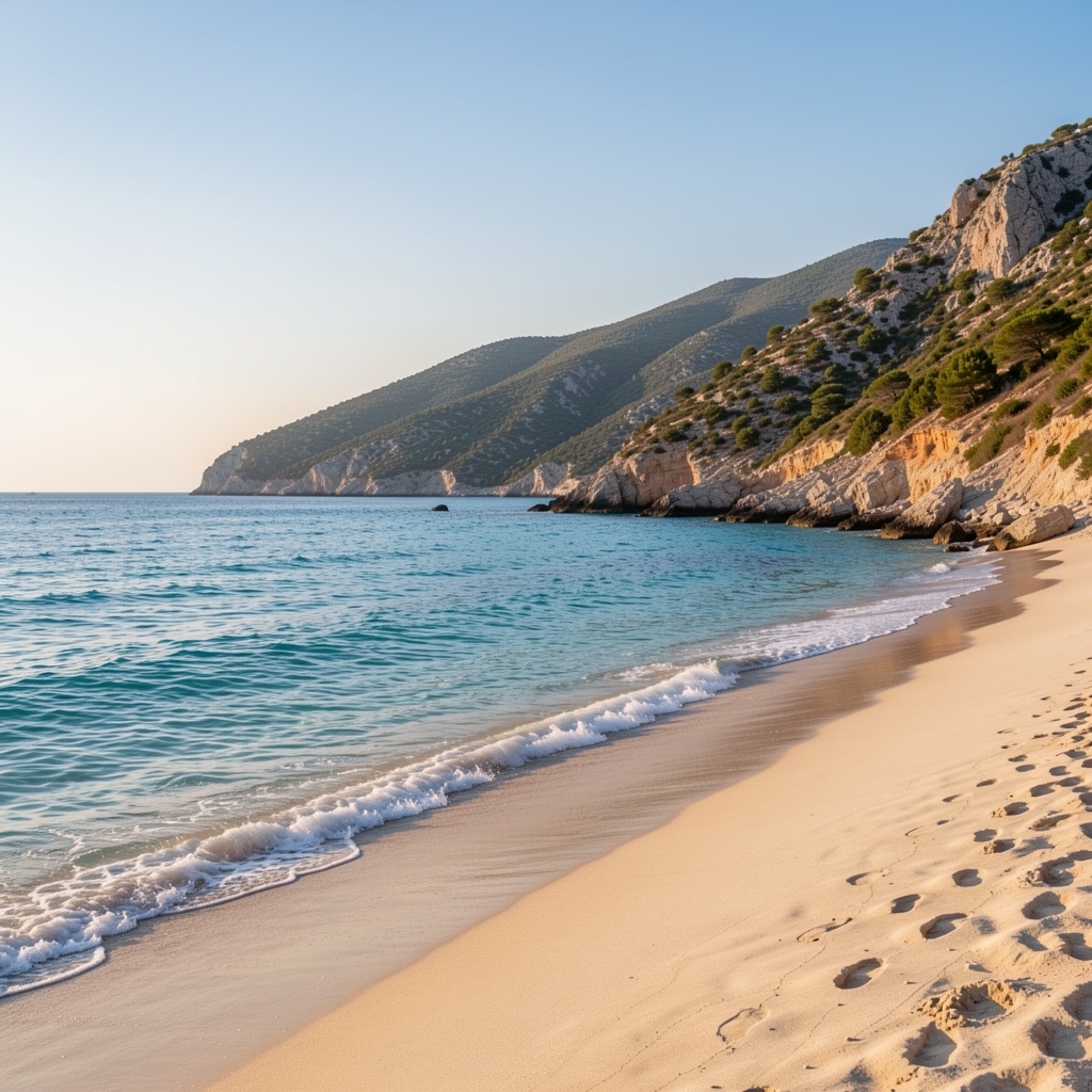 Čista plaža na crnogorskom primorju, providno plavo Jadransko more, stjenovita obala, jutarnje svjetlo