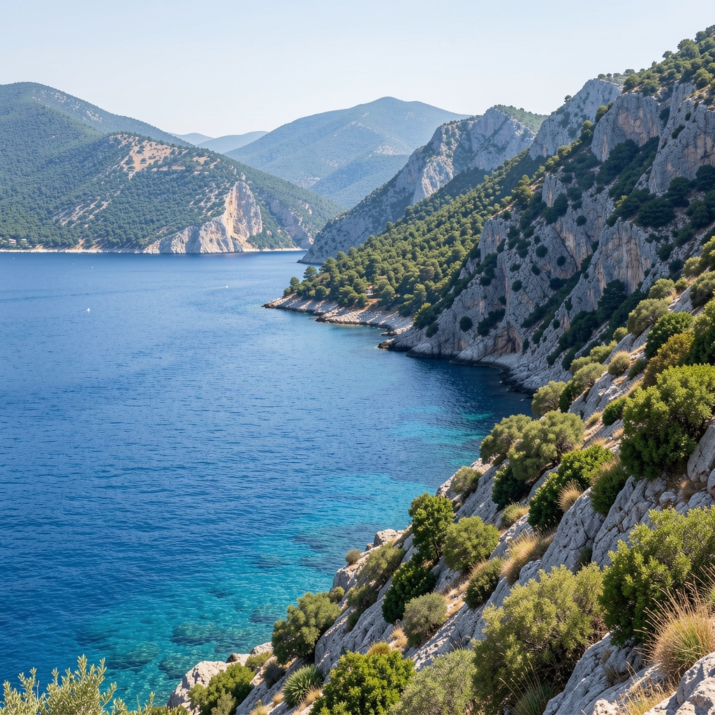 Kristalno plavo more Jadrana uz crnogorsko primorje, stjenovita obala sa mediteranskom vegetacijom, Boka kotorska u pozadini, sunčan dan