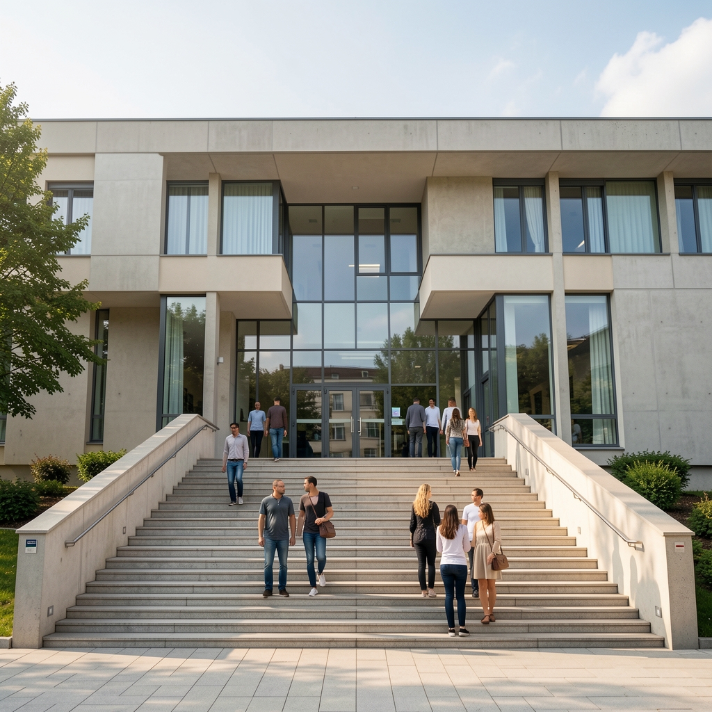 Kulturni centar u Podgorici, moderna arhitektura, ulaz sa stepenicama, posjetitelji ispred