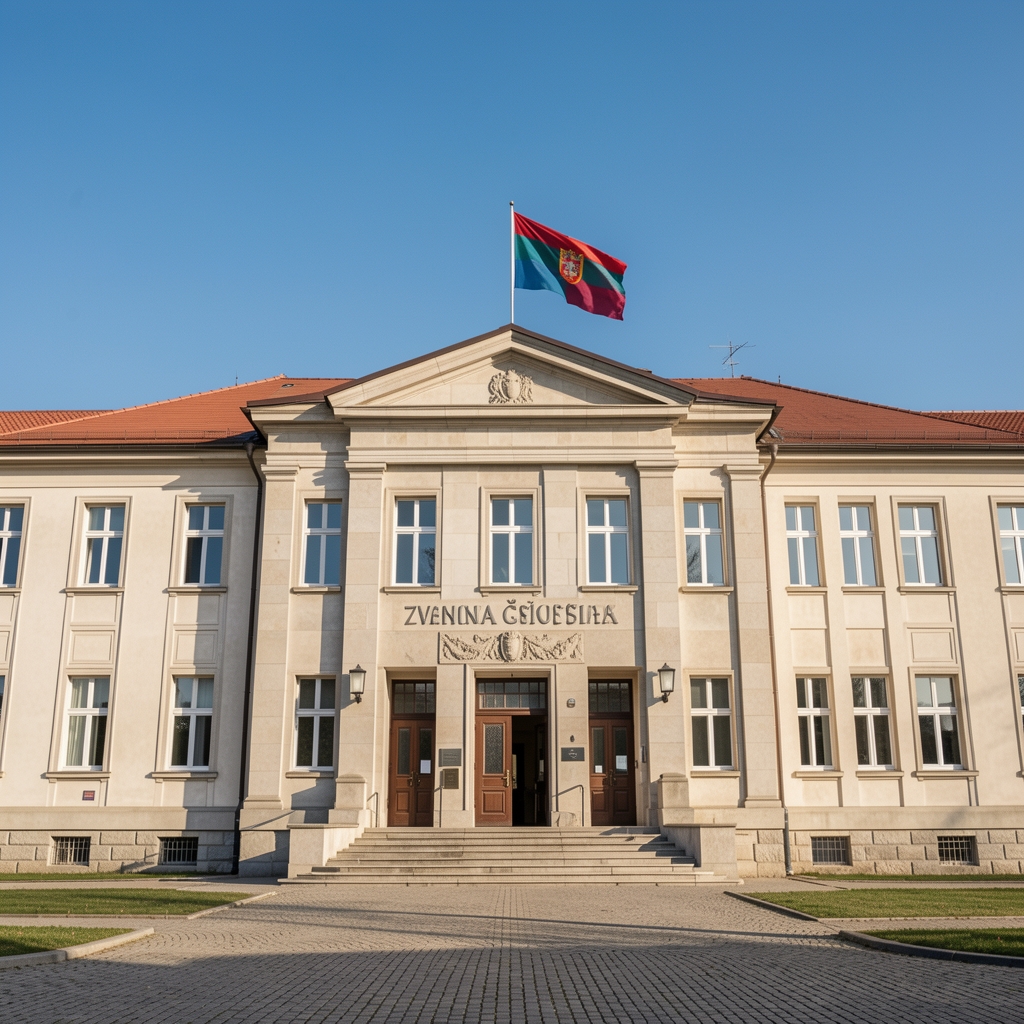 Zvanična zgrada Skupštine Crne Gore u Podgorici, fasada, državna zastava, jasno plavo nebo
